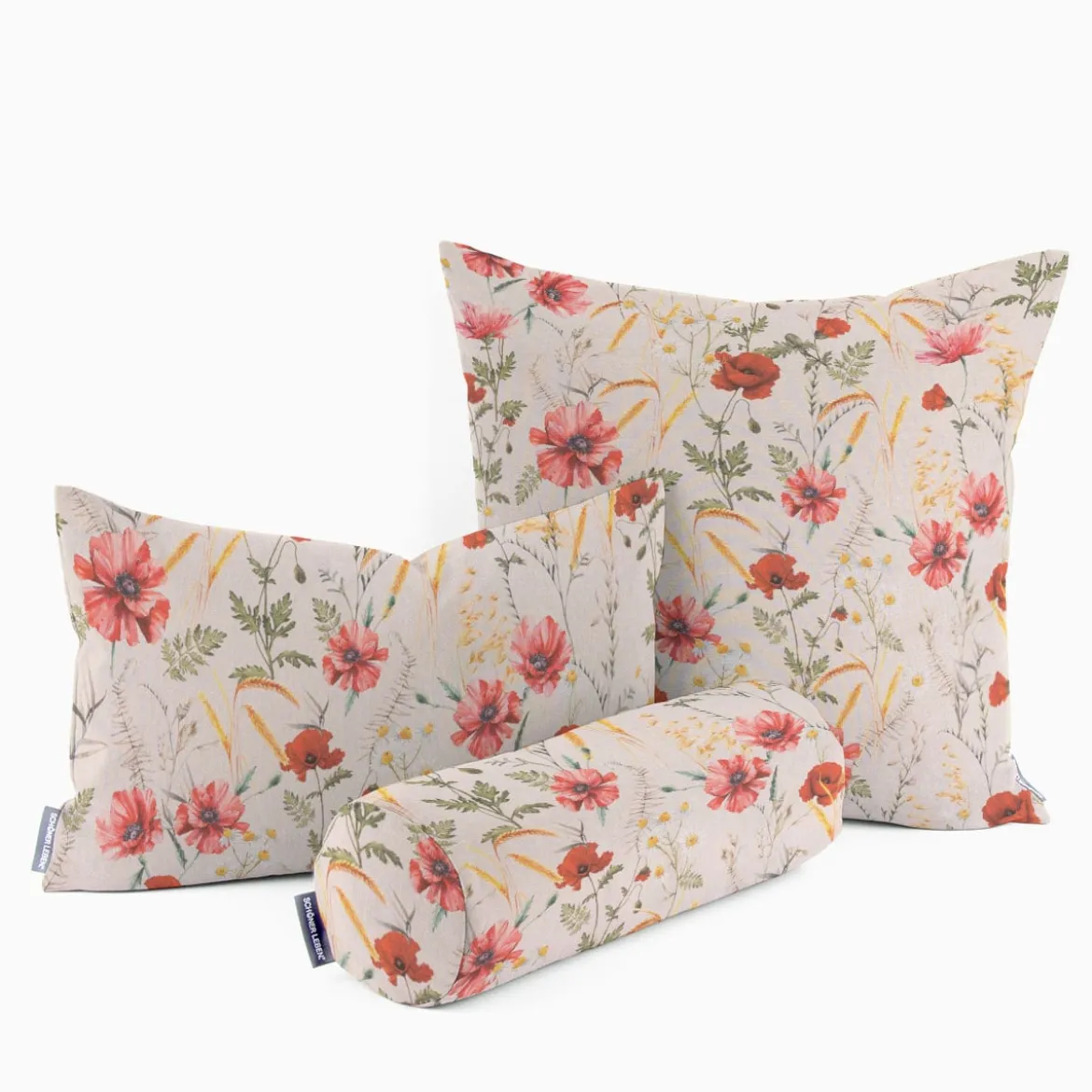 Dekostoff Baumwollstoff Halbpanama Poppy Mohnblumen Kamille Getreide beige rot 1,40m Breite