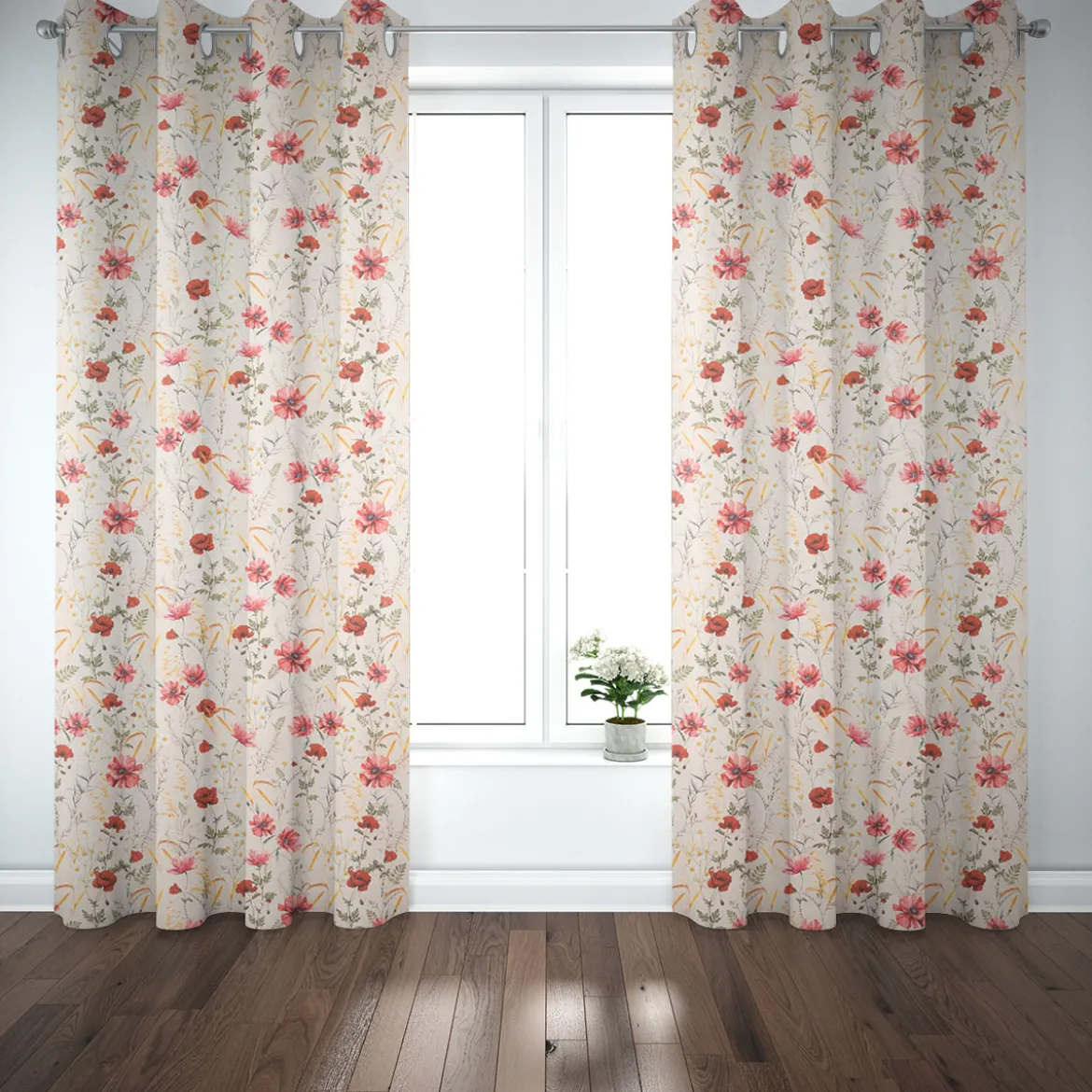 Dekostoff Baumwollstoff Halbpanama Poppy Mohnblumen Kamille Getreide beige rot 1,40m Breite
