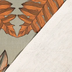 Dekostoff Baumwollstoff Halbpanama Franka Blätter khaki-grün orange 1,40m Breite