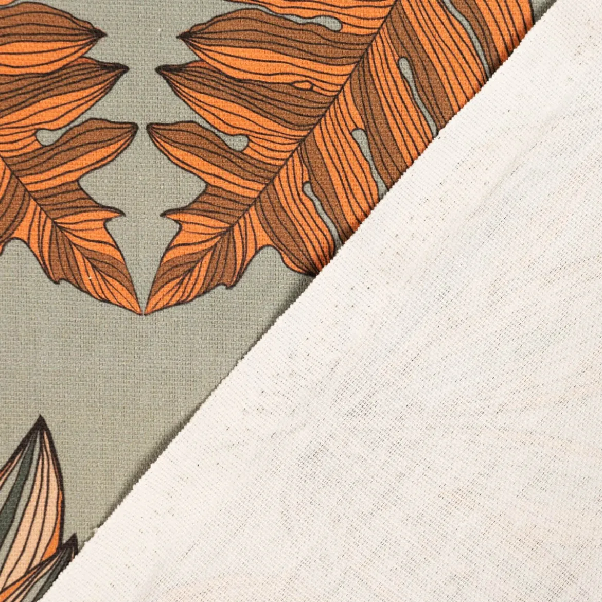 Dekostoff Baumwollstoff Halbpanama Franka Blätter khaki-grün orange 1,40m Breite