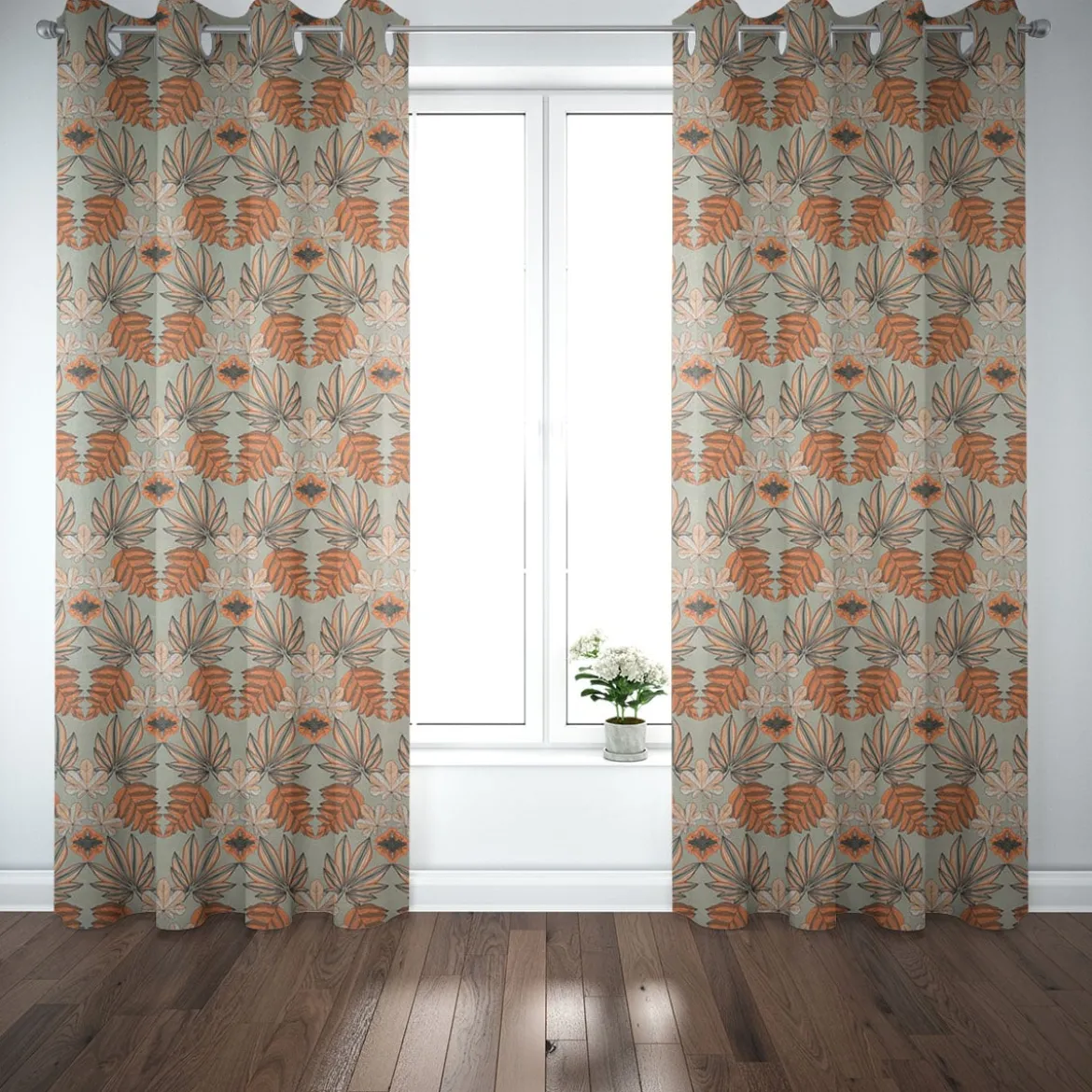 Dekostoff Baumwollstoff Halbpanama Franka Blätter khaki-grün orange 1,40m Breite