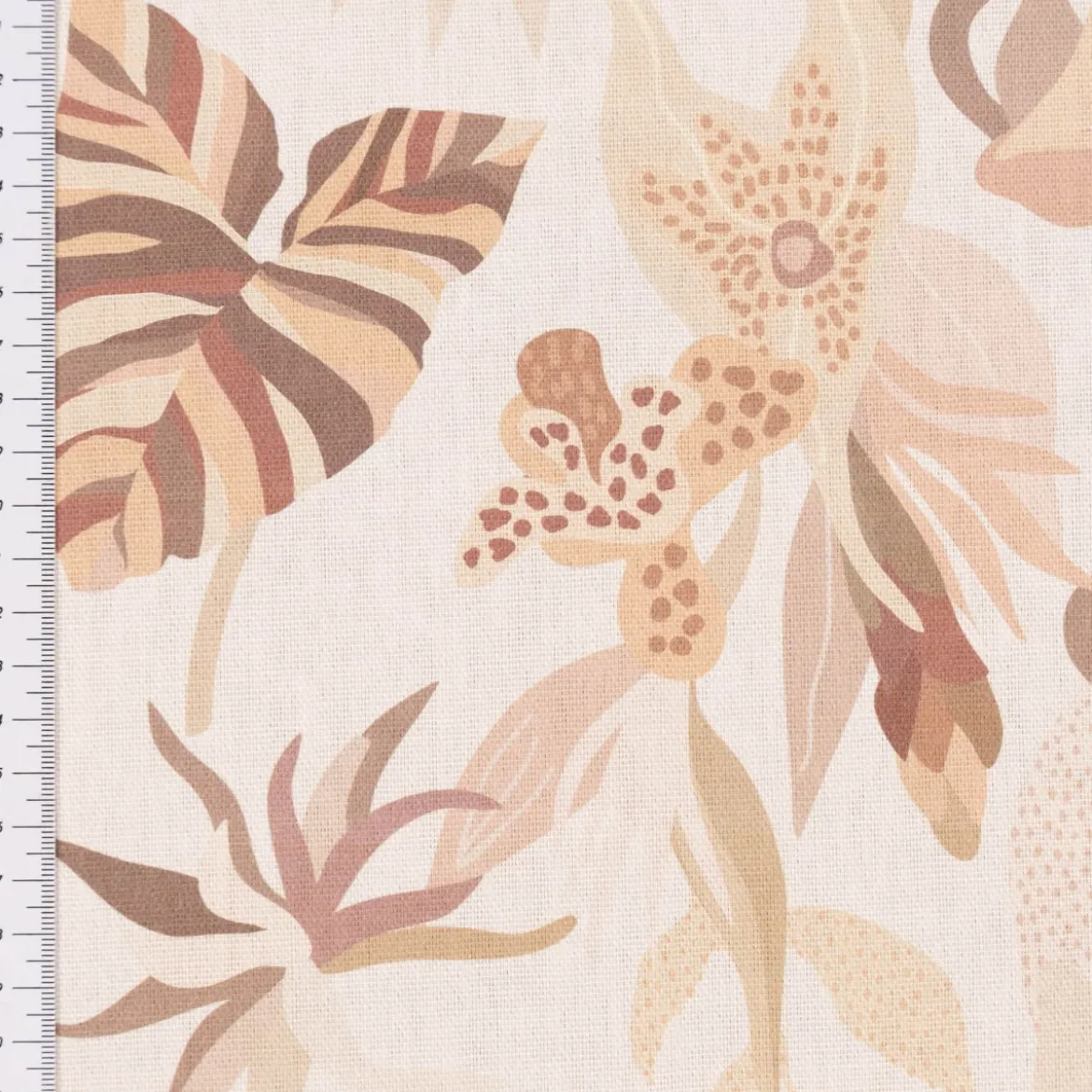 Dekostoff Baumwollstoff Halbpanama Enys1 Soft Blätter ecru beige braun 1,40m Breite
