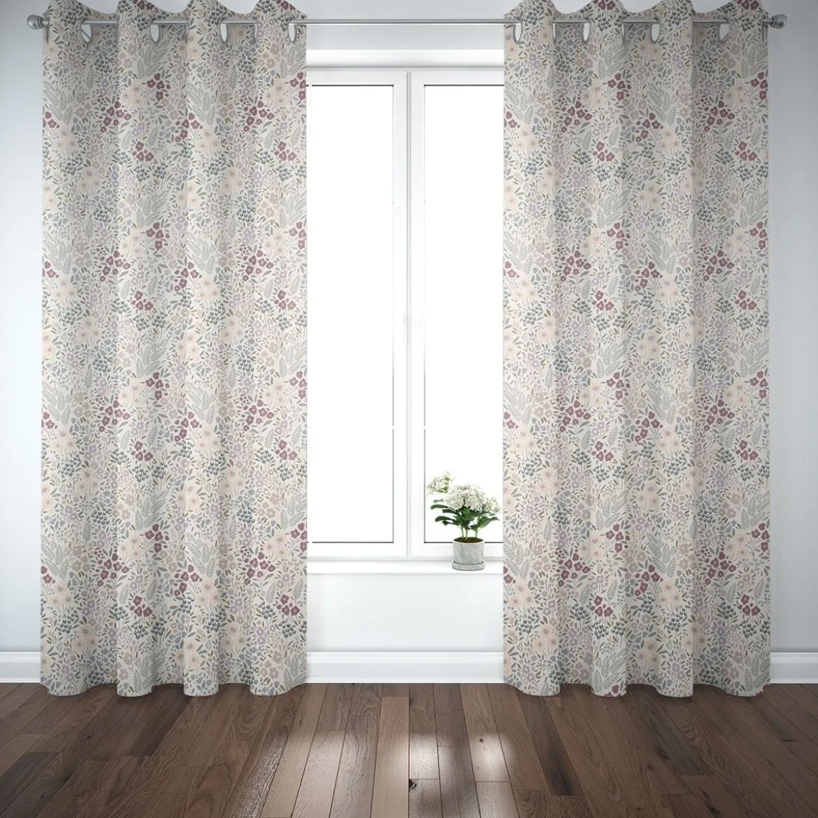 Dekostoff Baumwollstoff Halbpanama Digitaldruck Allover Blumenwiese weiß lila 1,40m Breite