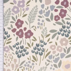 Dekostoff Baumwollstoff Halbpanama Digitaldruck Allover Blumenwiese weiß lila 1,40m Breite