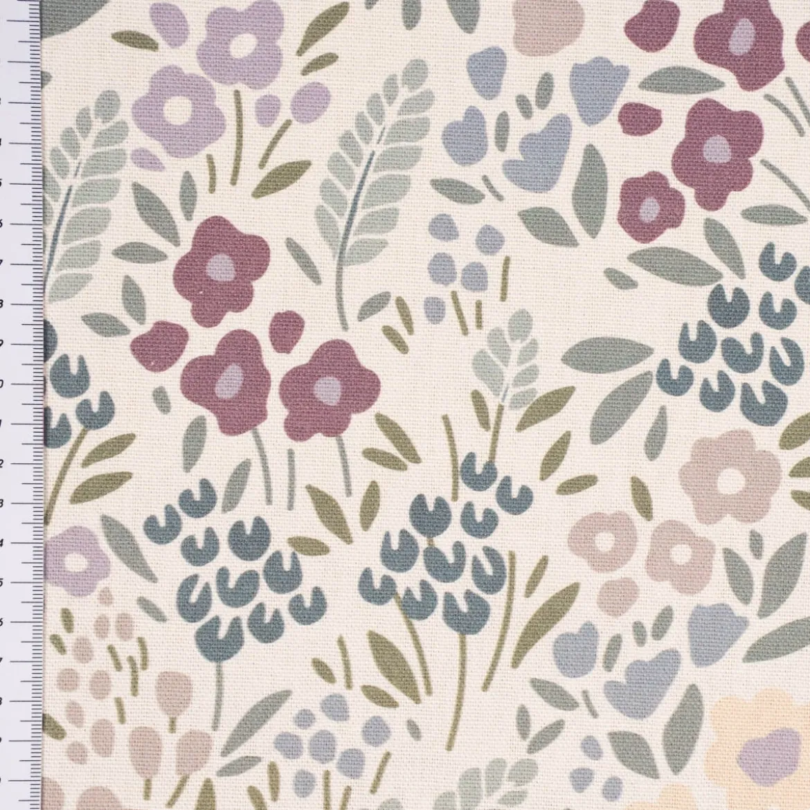 Dekostoff Baumwollstoff Halbpanama Digitaldruck Allover Blumenwiese weiß lila 1,40m Breite