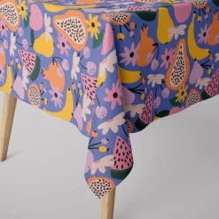 Dekostoff Baumwollstoff Halbpanama Digitaldruck Retro Pop Obst Blumen lila bunt 1,40m Breite