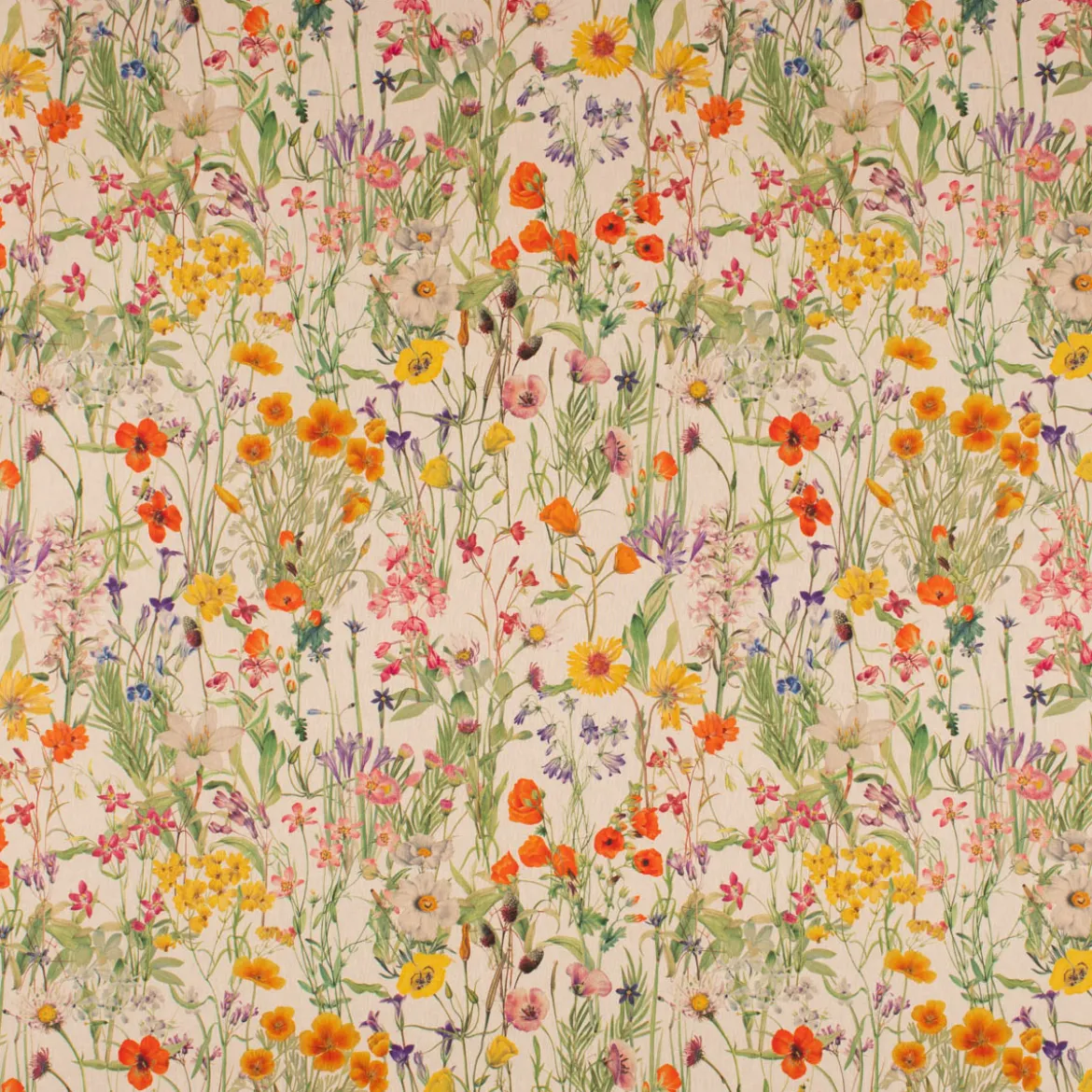 Dekostoff Baumwollstoff Halbpanama Leinenlook Wildflower Sunny Field Wiesenblumen natur bunt 1,40m Breite