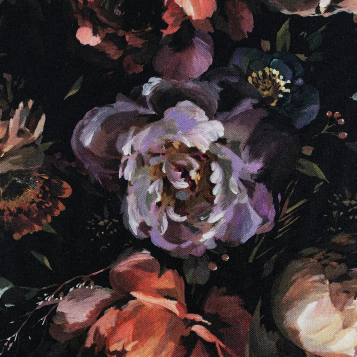 Dekostoff Baumwollstoff Halbpanama Digitaldruck Peony Handpainted Art Pfingstrosen schwarz flieder rosa 1,40m Breite