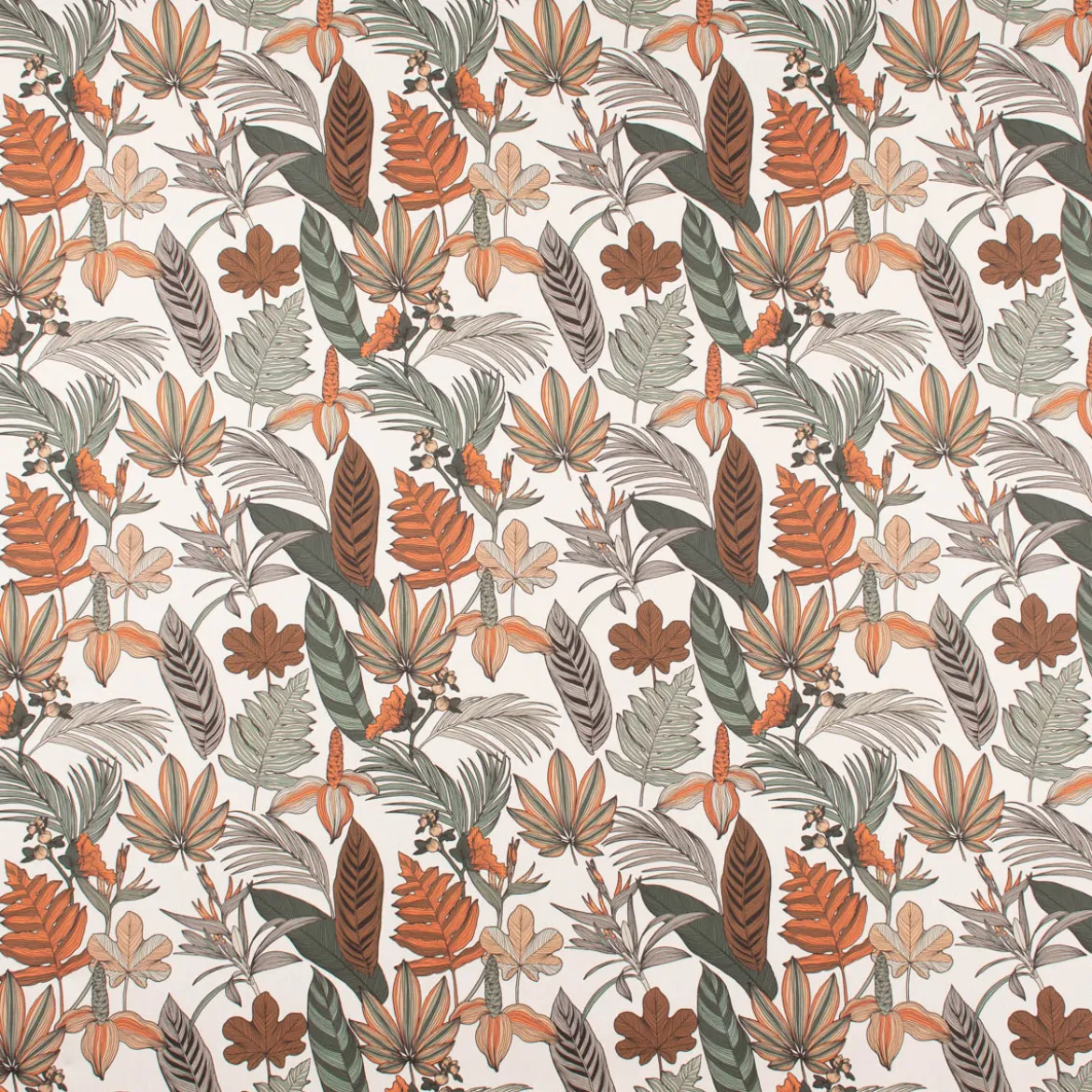 Dekostoff Baumwollstoff Halbpanama Digitaldruck Retro Blätter Blumen wollweiß orange braun 1,40m Breite