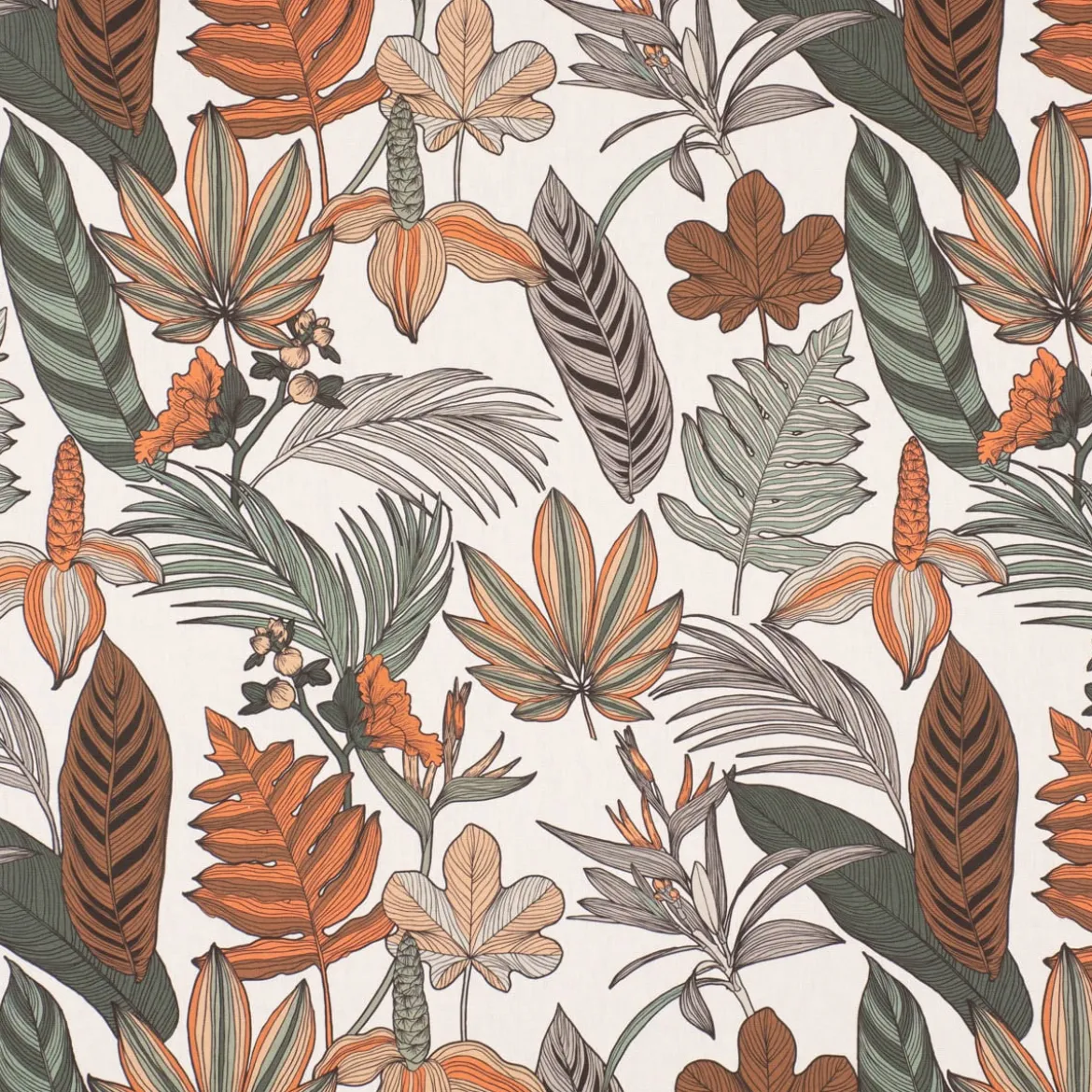 Dekostoff Baumwollstoff Halbpanama Digitaldruck Retro Blätter Blumen wollweiß orange braun 1,40m Breite