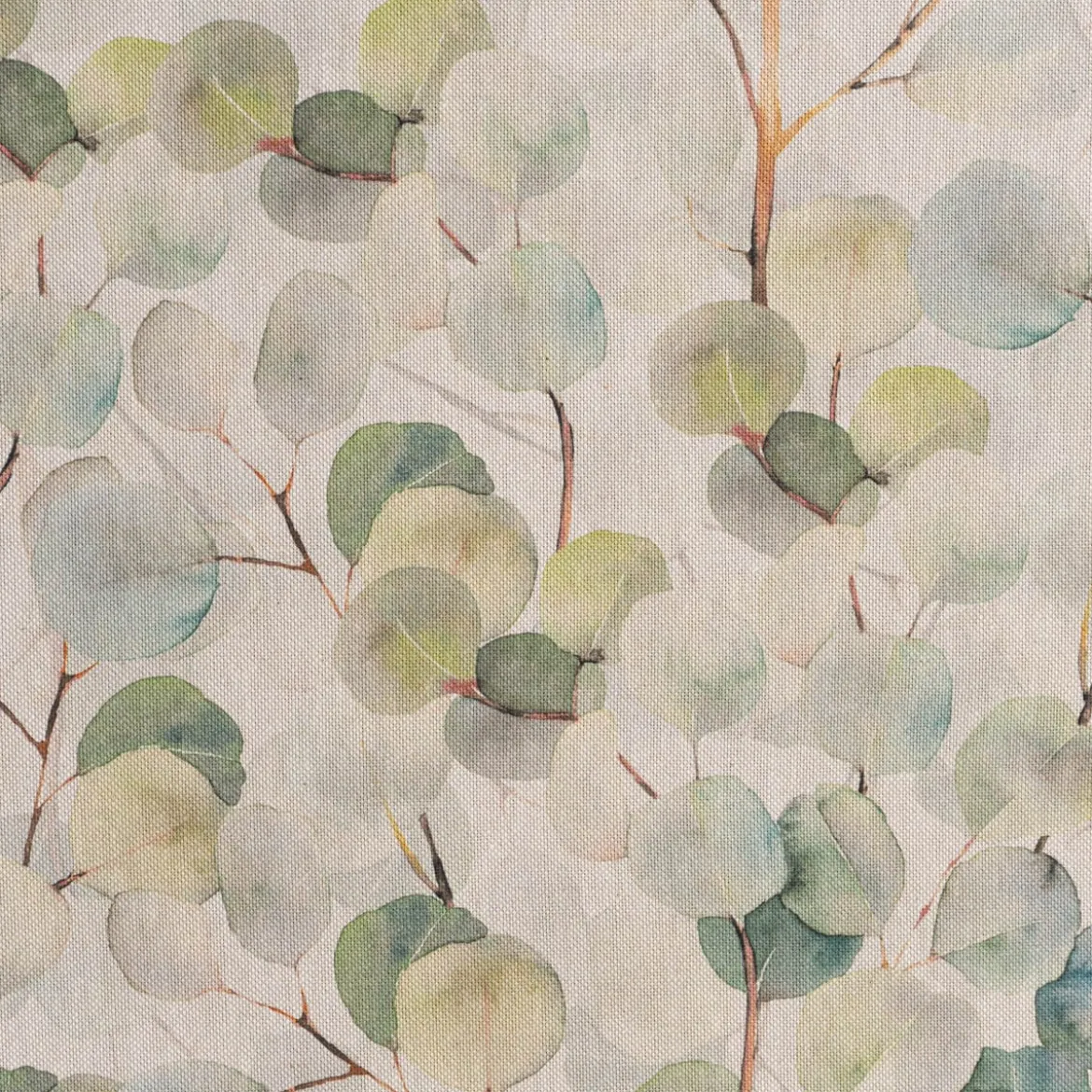 Dekostoff Baumwollstoff Leinenlook Digitaldruck Eucalyptus Boho Leaf Eukalyptus Blätter natur grün 1,40m Breite