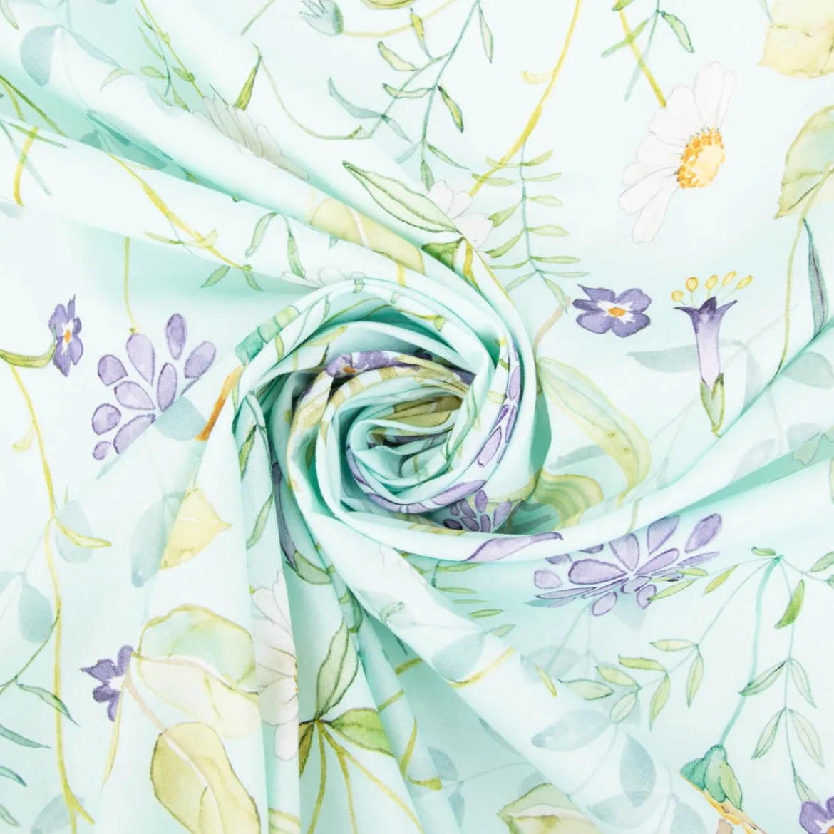 Dekostoff Baumwollstoff Popeline Digitaldruck Daisy Wildflower Garden hellblau lila 1,40m Breite