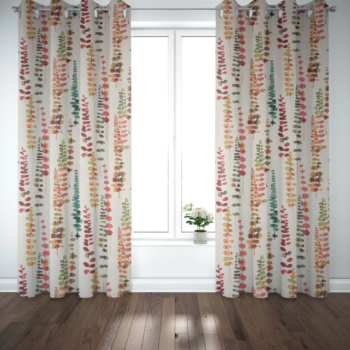 Dekostoff Baumwollstoff Ranken Blätter Aquarell beige terrakotta grün rot 1,37m Breite