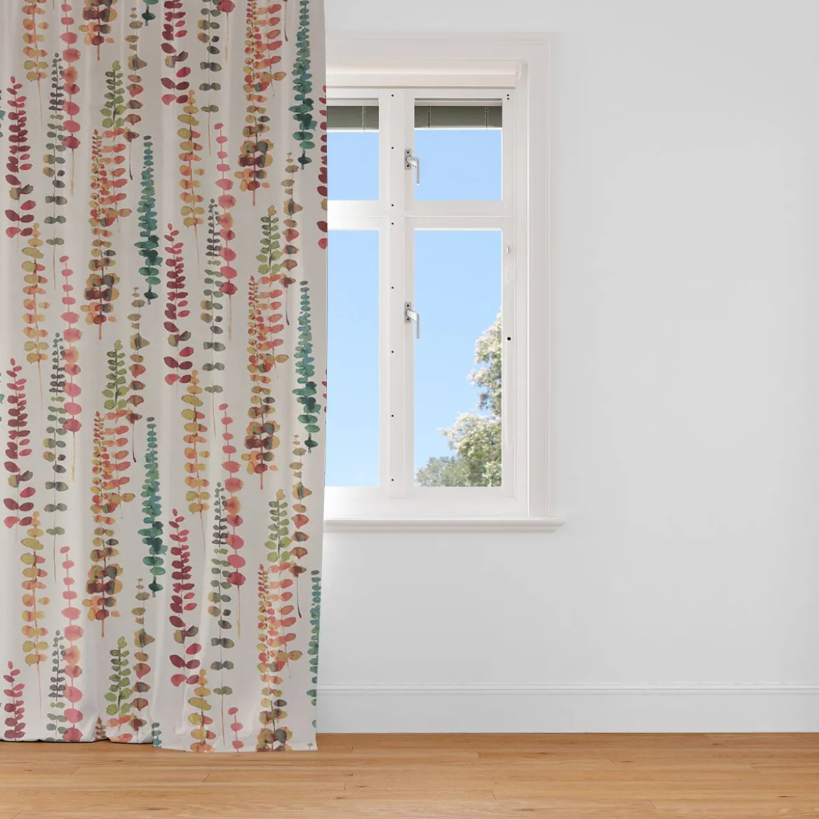 Dekostoff Baumwollstoff Ranken Blätter Aquarell beige terrakotta grün rot 1,37m Breite