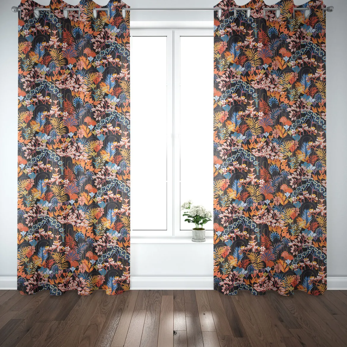 Dekostoff Baumwollstoff Satin Digitaldruck Santana Art Deco Blumen Blättter schwarz bunt 140cm Breite