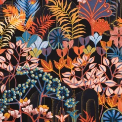 Dekostoff Baumwollstoff Satin Digitaldruck Santana Art Deco Blumen Blättter schwarz bunt 140cm Breite