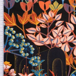 Dekostoff Baumwollstoff Satin Digitaldruck Santana Art Deco Blumen Blättter schwarz bunt 140cm Breite