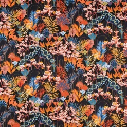 Dekostoff Baumwollstoff Satin Digitaldruck Santana Art Deco Blumen Blättter schwarz bunt 140cm Breite