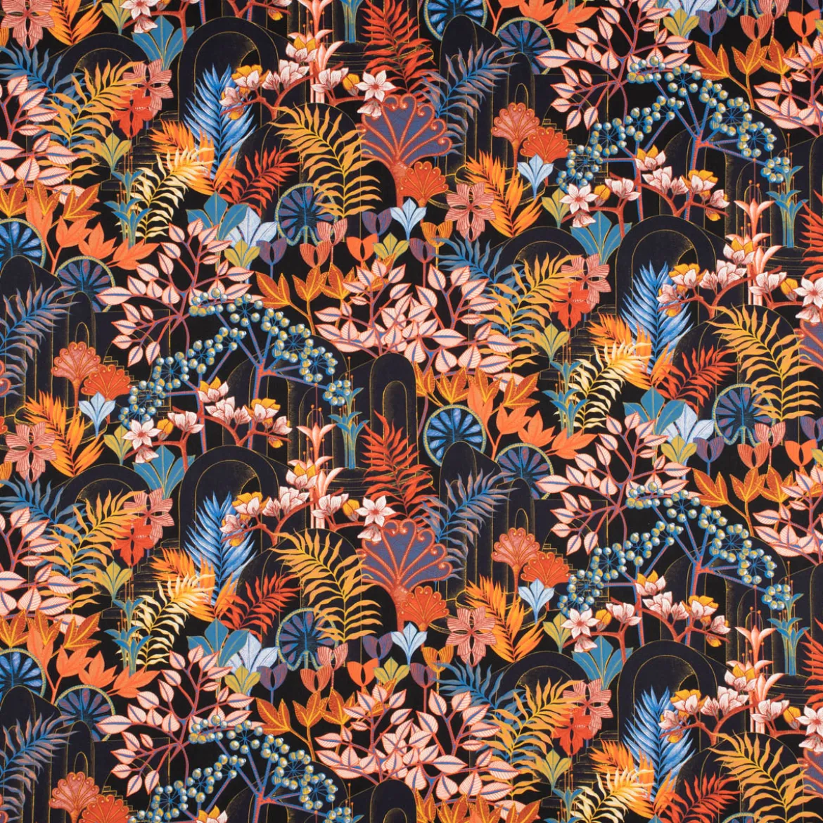 Dekostoff Baumwollstoff Satin Digitaldruck Santana Art Deco Blumen Blättter schwarz bunt 140cm Breite