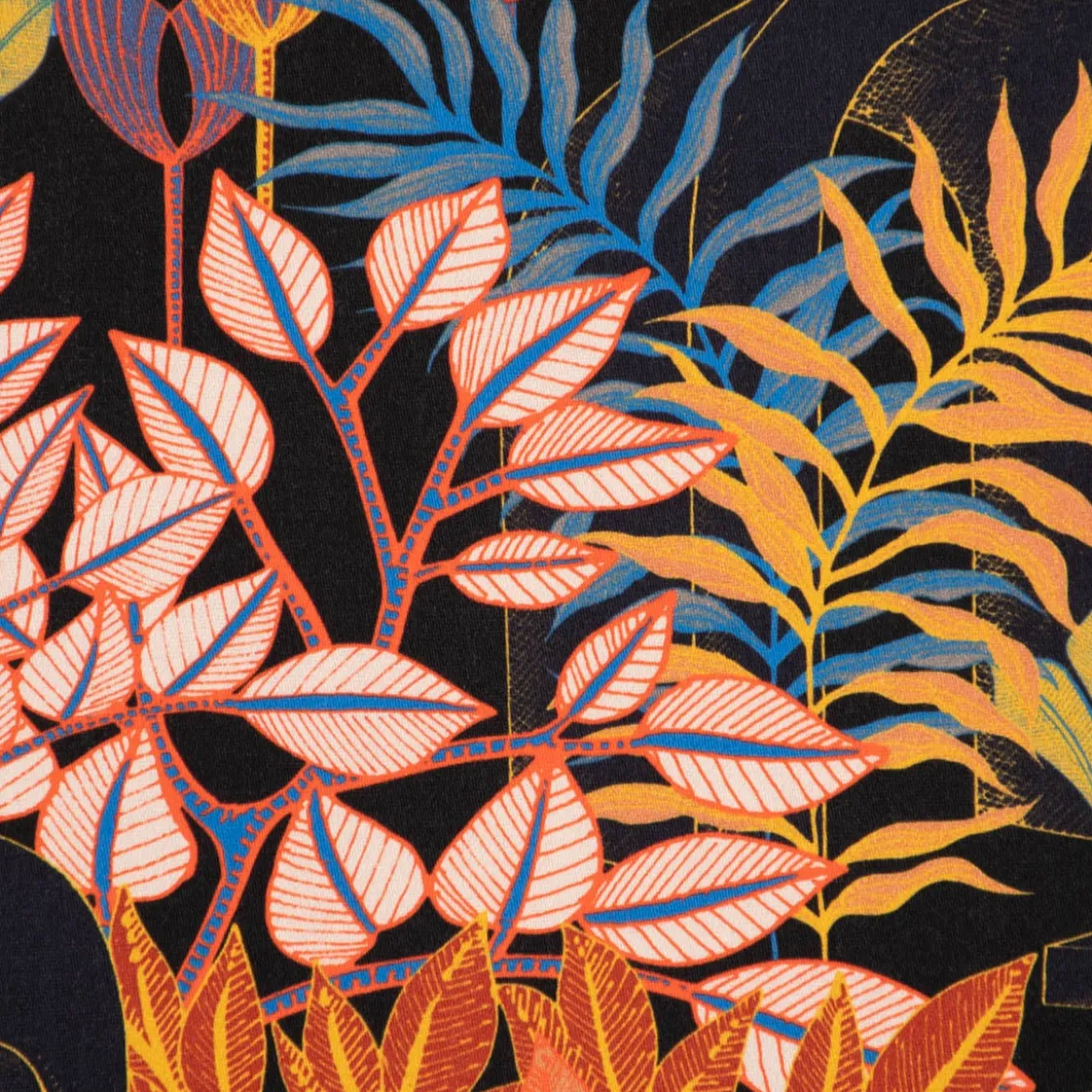 Dekostoff Baumwollstoff Satin Digitaldruck Santana Art Deco Blumen Blättter schwarz bunt 140cm Breite