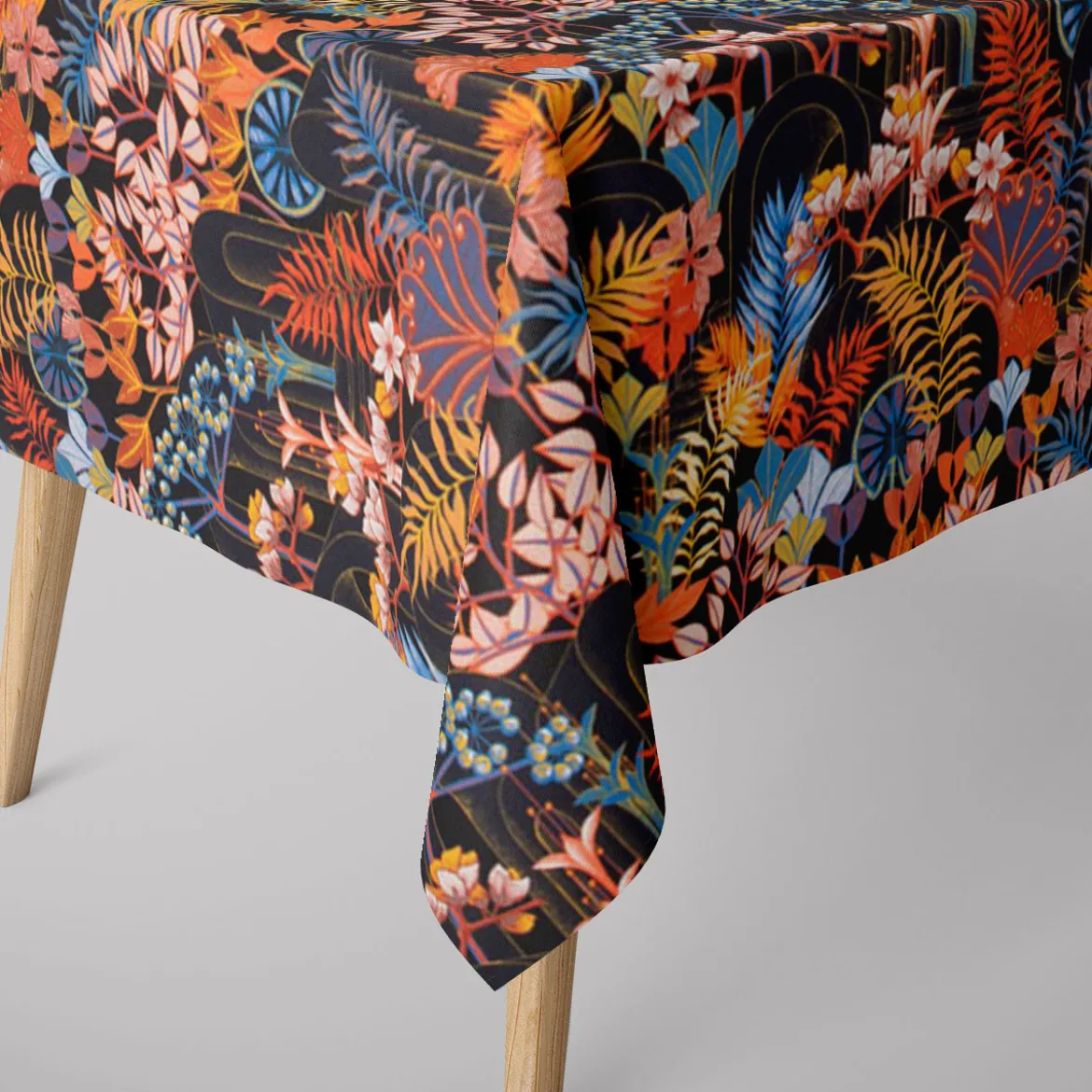 Dekostoff Baumwollstoff Satin Digitaldruck Santana Art Deco Blumen Blättter schwarz bunt 140cm Breite