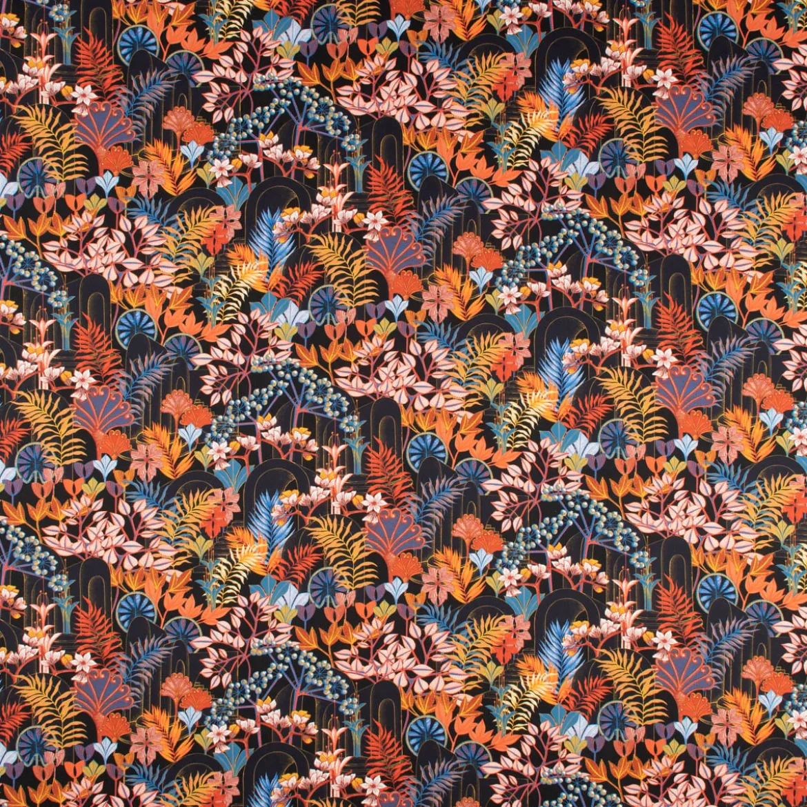 Dekostoff Baumwollstoff Satin Digitaldruck Santana Art Deco Blumen Blättter schwarz bunt 140cm Breite