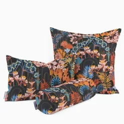 Dekostoff Baumwollstoff Satin Digitaldruck Santana Art Deco Blumen Blättter schwarz bunt 140cm Breite