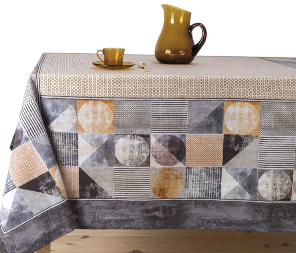 Dekostoff Baumwollstoff Tischdeckenstoff mit beidseitiger Bordüre grafisch beige braun 1,60m Breite