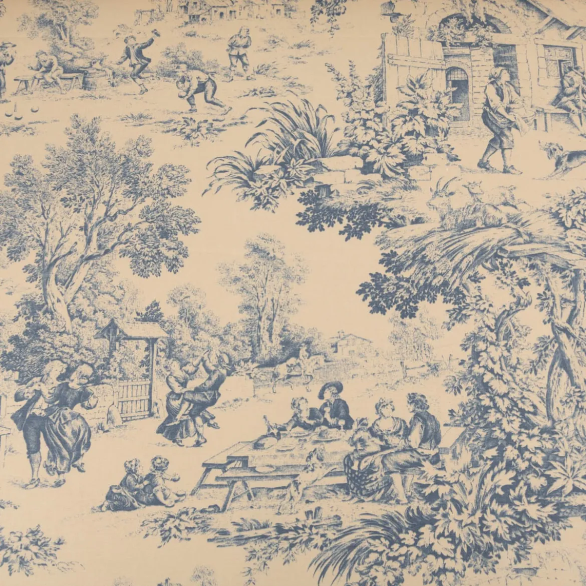 Dekostoff Baumwollstoff Toile de Jouy Festin Halbpanama natur blau 1,4m Breite