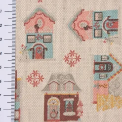 Dekostoff Baumwollstoff Weihnachten Häuser natur rosa blau rot gelb 1,4m Breite