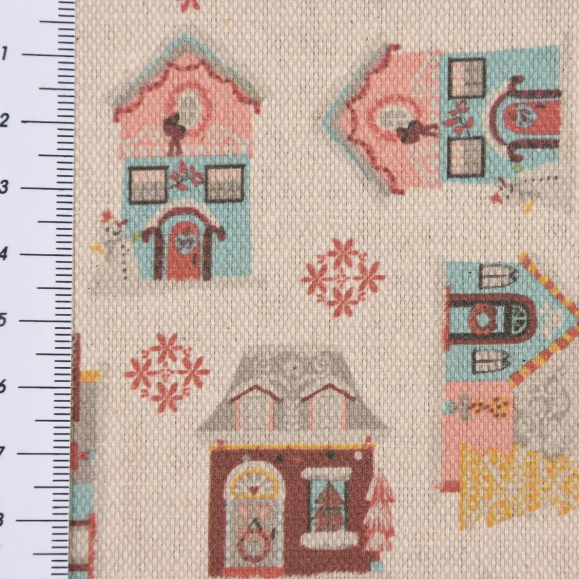 Dekostoff Baumwollstoff Weihnachten Häuser natur rosa blau rot gelb 1,4m Breite