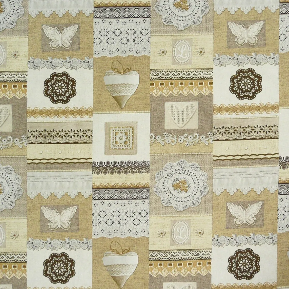 Dekostoff Canvas Ottoman Patchwork Landhaus Spitze braun creme