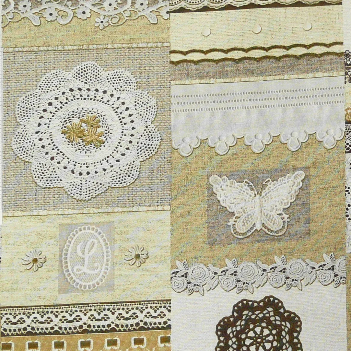 Dekostoff Canvas Ottoman Patchwork Landhaus Spitze braun creme