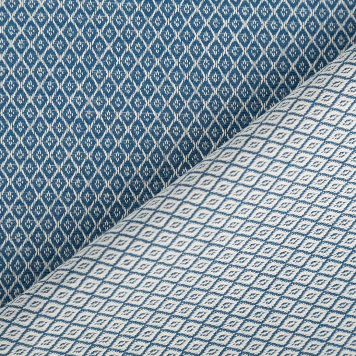 Dekostoff Dobby Diamond Mini Rauten blau ecru 1,40m Breite