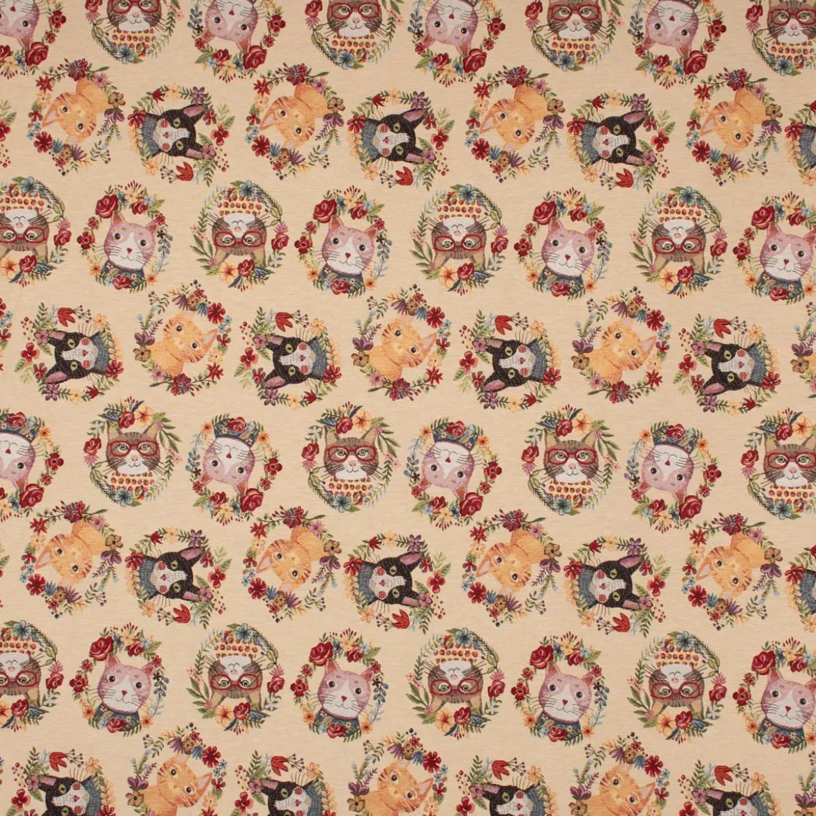 Dekostoff Gobelin Premium Spring Cats Katzen Blumenkranz creme bunt 1,4m Breite