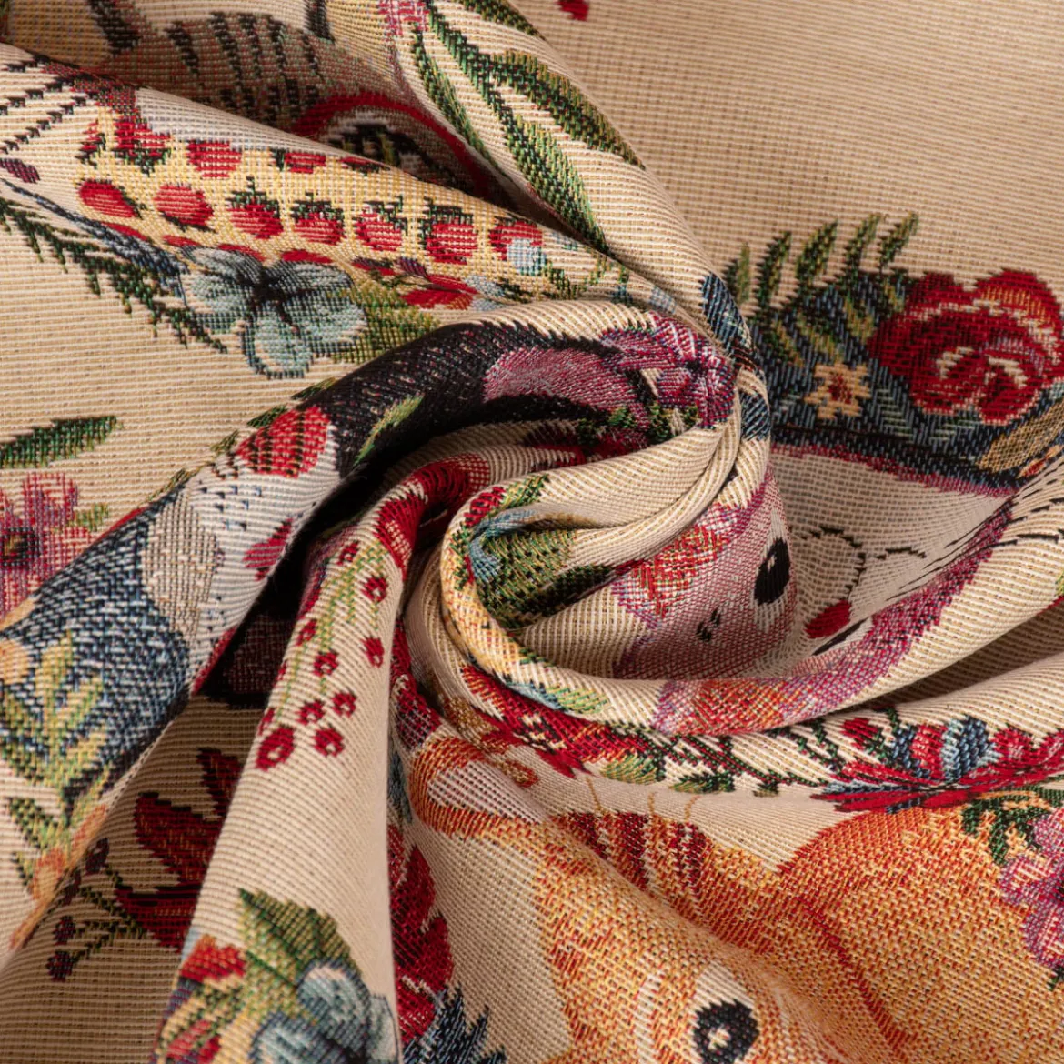 Dekostoff Gobelin Premium Spring Cats Katzen Blumenkranz creme bunt 1,4m Breite