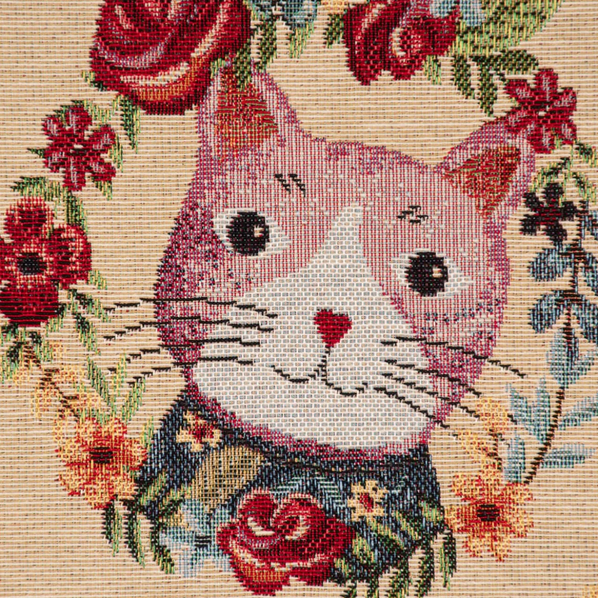 Dekostoff Gobelin Premium Spring Cats Katzen Blumenkranz creme bunt 1,4m Breite
