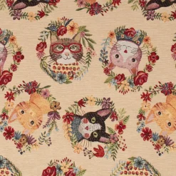 Dekostoff Gobelin Premium Spring Cats Katzen Blumenkranz creme bunt 1,4m Breite