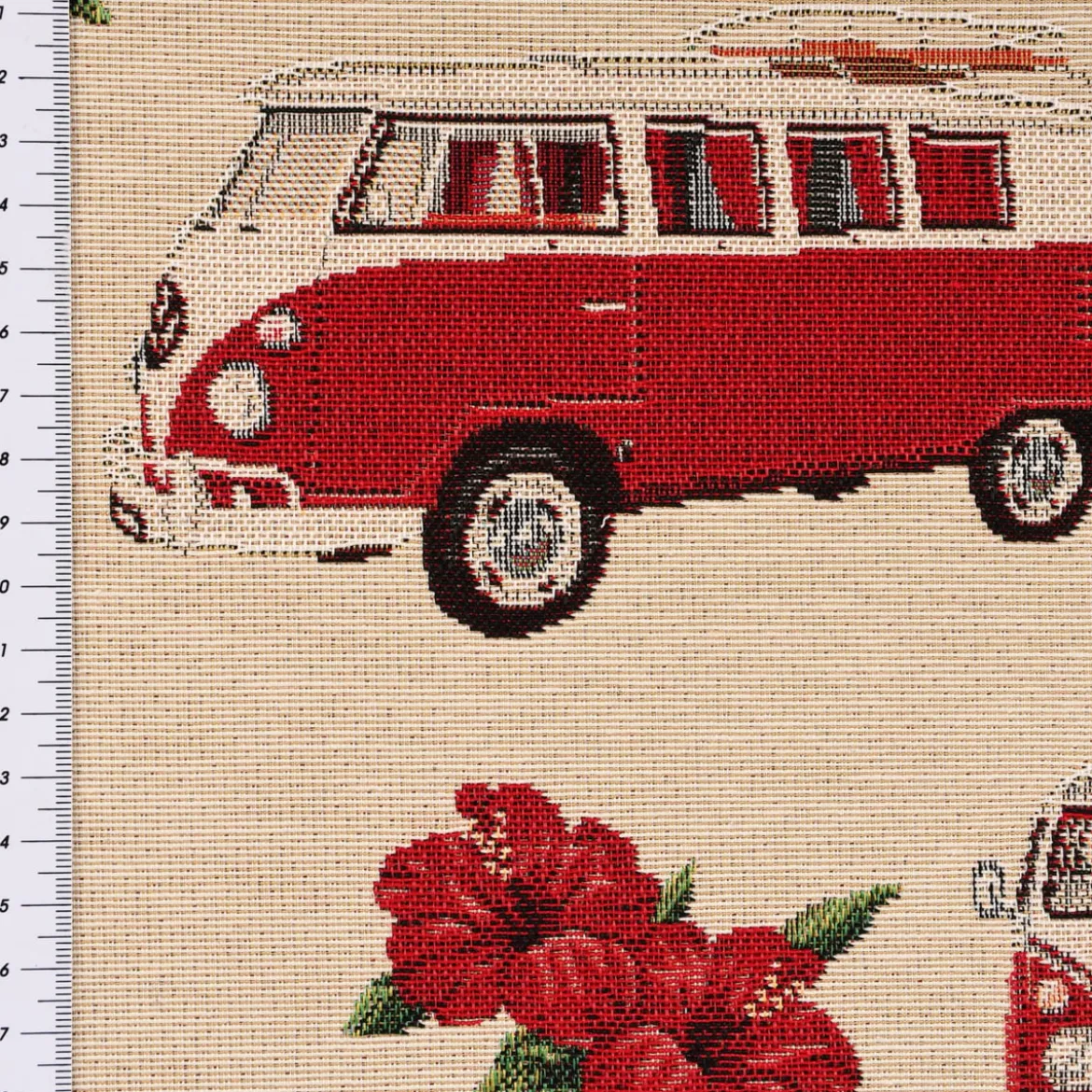 Dekostoff Gobelin Premium VW Palm Hawaii VW-Bus Bulli beige rot 1,4m Breite