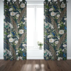 Dekostoff Halbpanama Baumwolle Pfau Blüten petrol 1,40m Breite