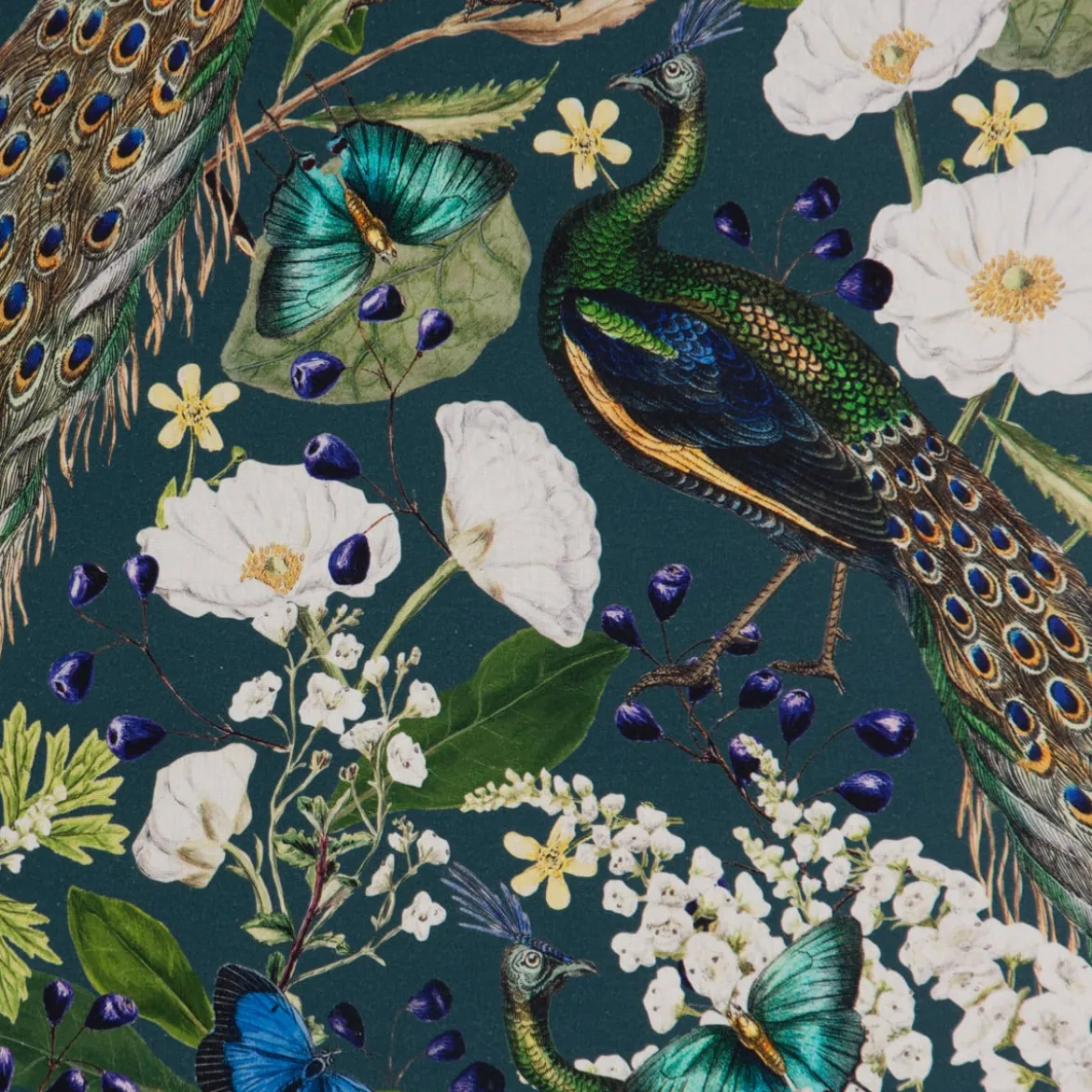Dekostoff Halbpanama Baumwolle Pfau Blüten petrol 1,40m Breite