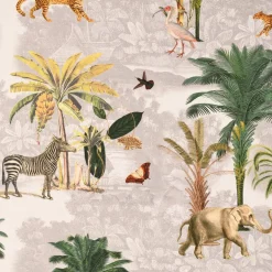Dekostoff Halbpanama Baumwollstoff Botanic Oase Dschungel Tiere grau grün gelb 1,40m Breite