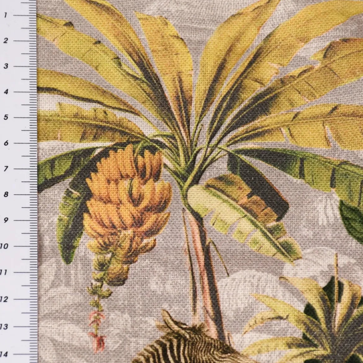 Dekostoff Halbpanama Baumwollstoff Botanic Oase Dschungel Tiere grau grün gelb 1,40m Breite