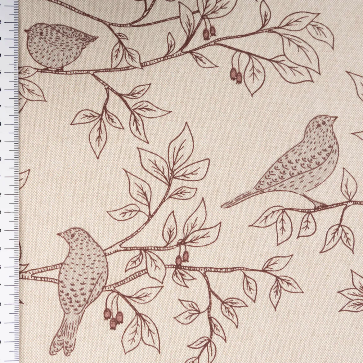 Dekostoff Halbpanama Branch Bird Song Vögel Blätterzweige natur braun 1,4m Breite