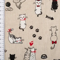 Dekostoff Halbpanama Cats Life natur rot schwarz 1,4m Breite
