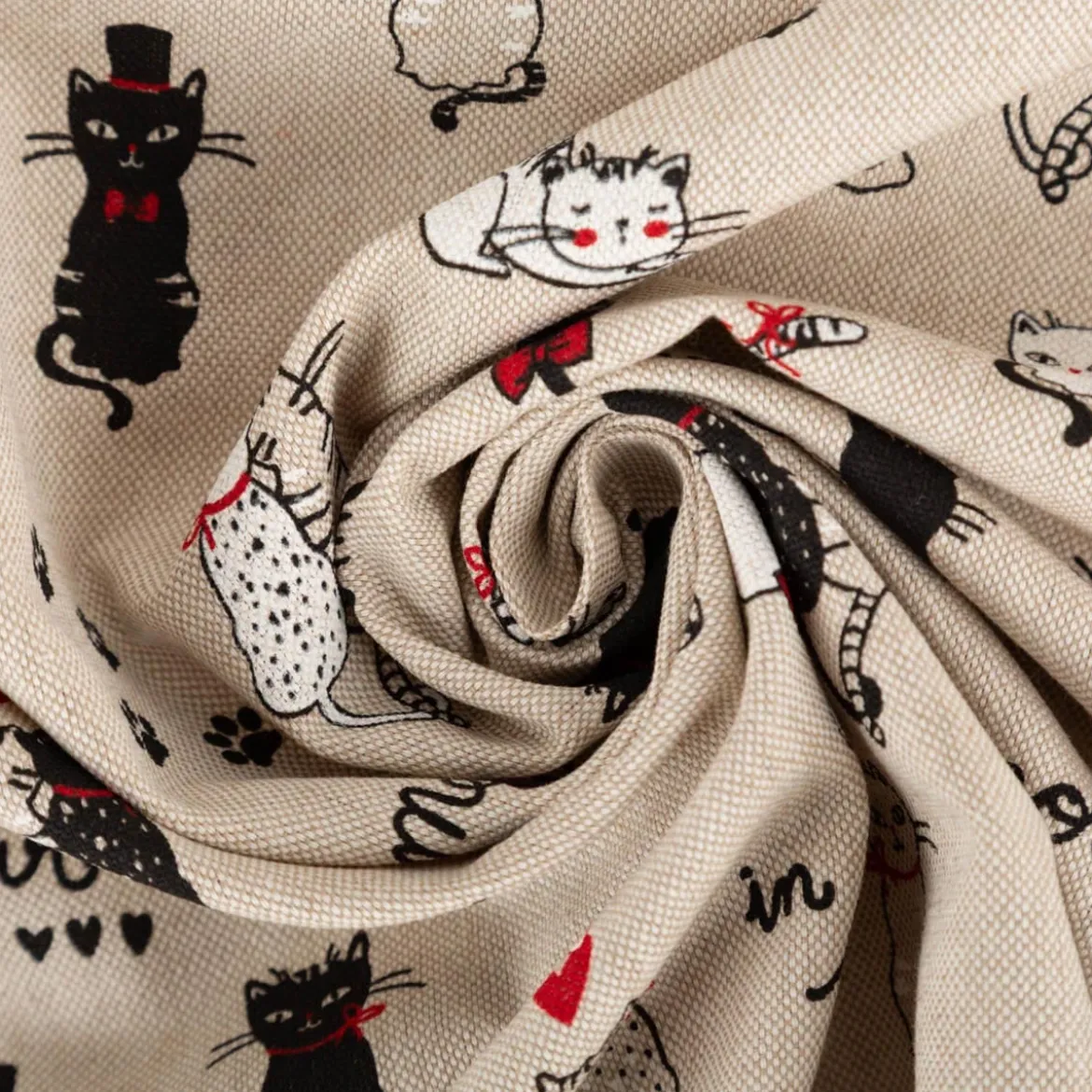 Dekostoff Halbpanama Cats Life natur rot schwarz 1,4m Breite