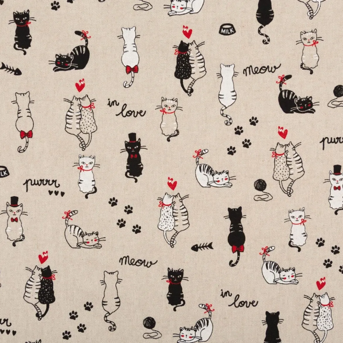 Dekostoff Halbpanama Cats Life natur rot schwarz 1,4m Breite