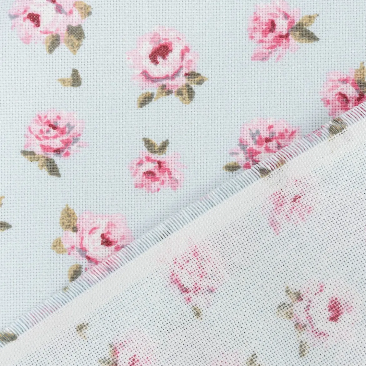 Dekostoff Halbpanama Classic Little Rose Allover Rosenblüten hellblau rosa 1,40m Breite