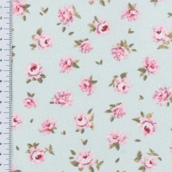 Dekostoff Halbpanama Classic Little Rose Allover Rosenblüten hellblau rosa 1,40m Breite