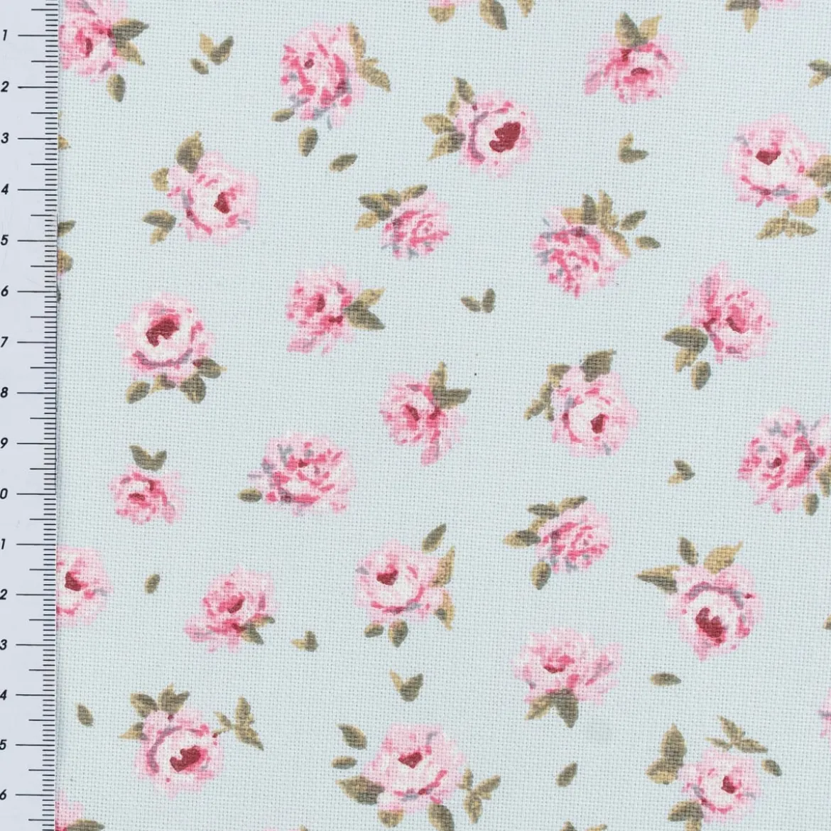 Dekostoff Halbpanama Classic Little Rose Allover Rosenblüten hellblau rosa 1,40m Breite